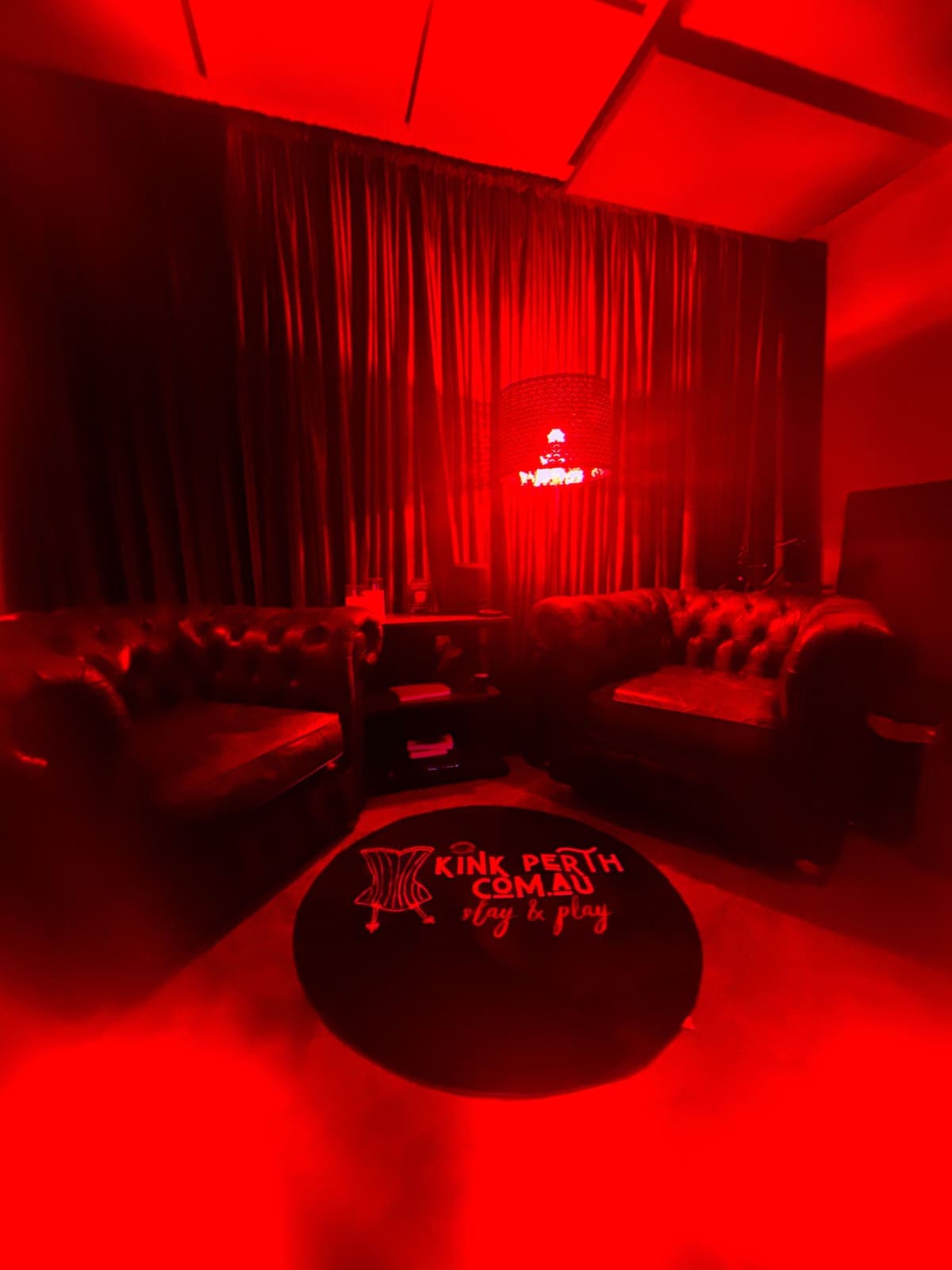 The living room, bathed in red.